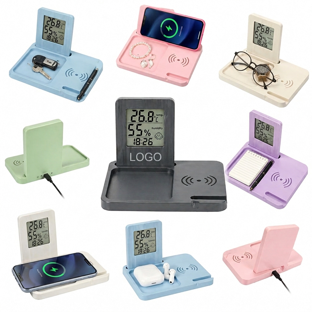 Multi-Functional Wireless Charging Station with Integrated Digital Clock and Desk Organizer