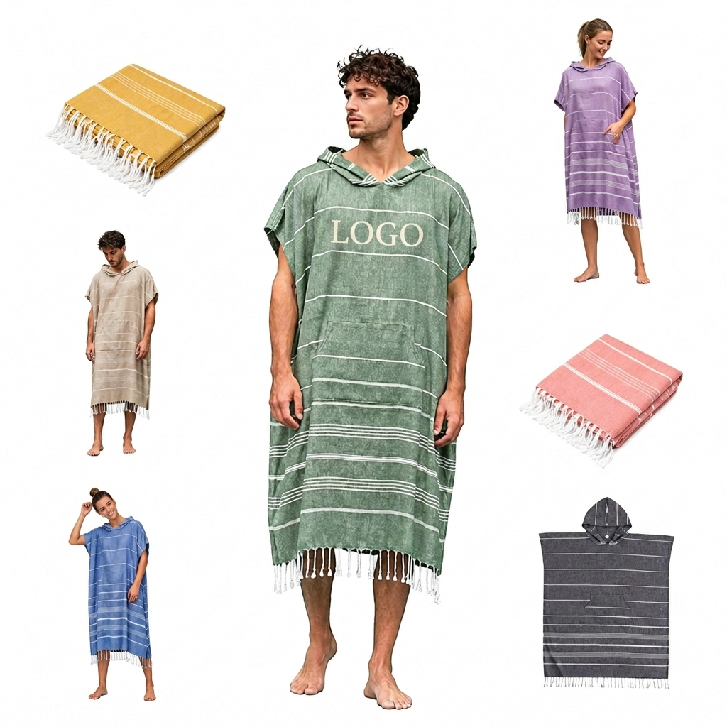 Hooded Turkish Cotton Beach Poncho with Tassels and Front Pocket