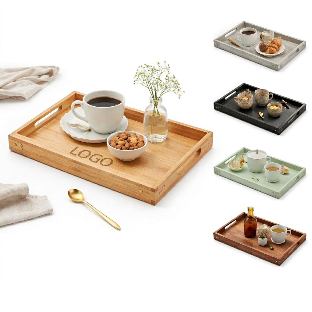 Natural Wood Rectangular Serving Tray with Integrated Side Handles