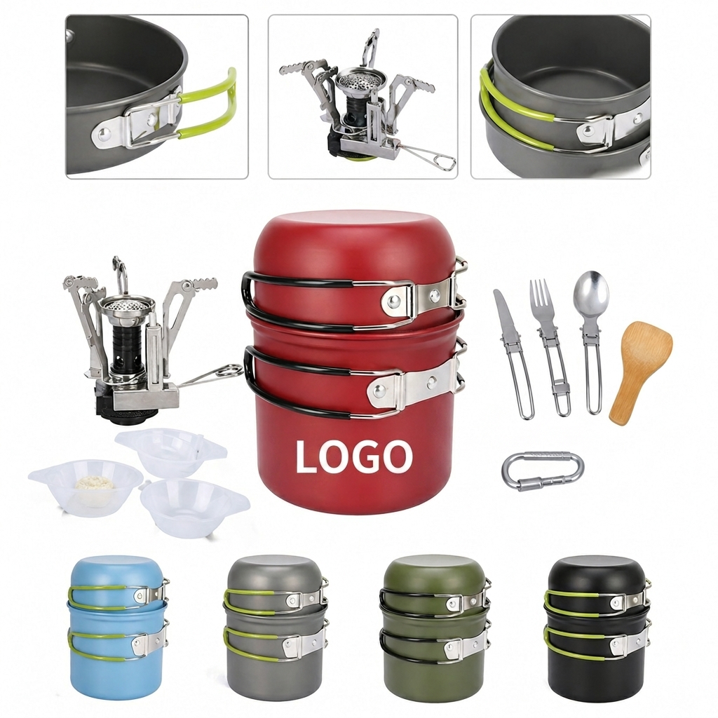 Portable Nested Camping Cookware Kit with Folding Utensils and Burner