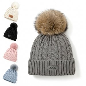 Braided Knit Pom-Pom Beanie with Custom Branding Patch