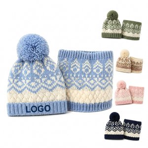 Patterned Knit Beanie and Neck Warmer Set for Children