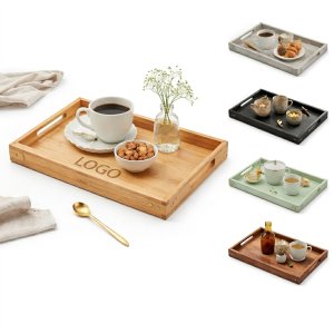 Natural Wood Rectangular Serving Tray with Integrated Side Handles