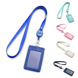 Premium Faux Leather Vertical ID Card Holder with Retractable Badge Reel